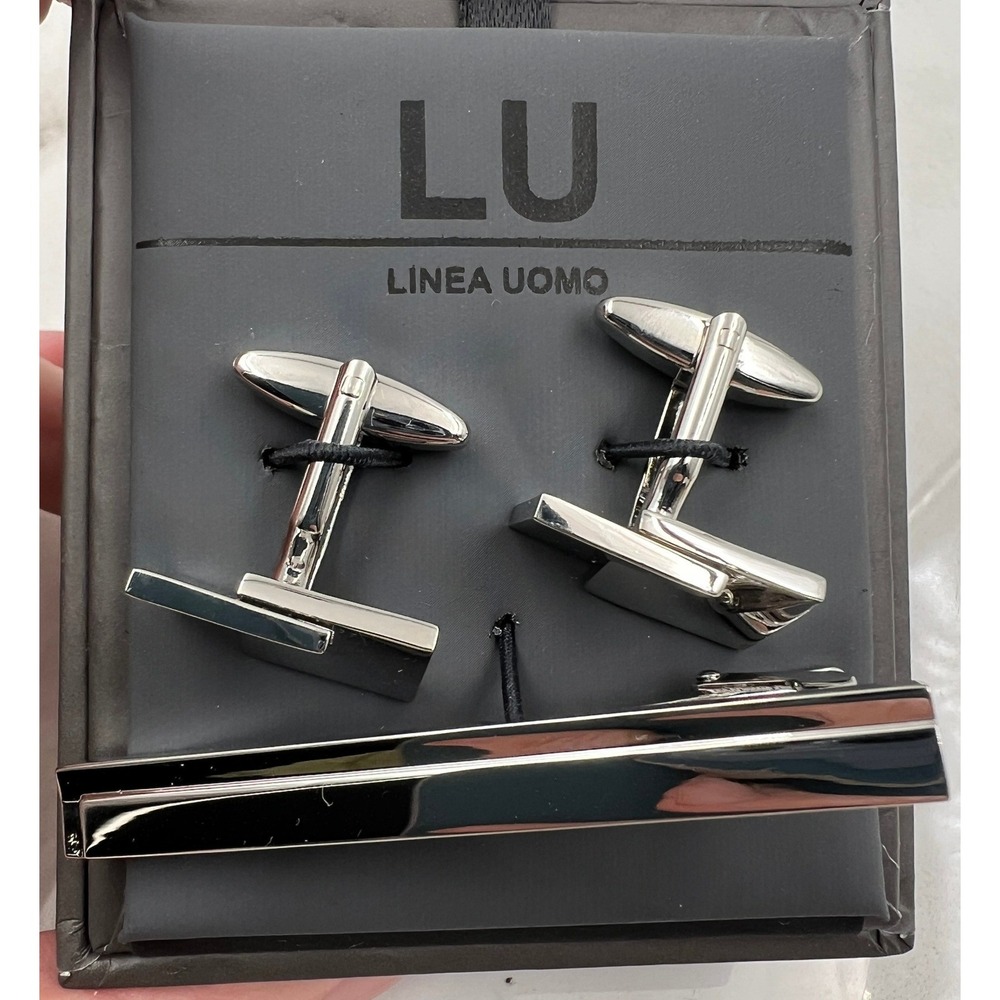 Linea Uomo Cufflinks & Stud Set Men's Silver Tone Geometric NIB